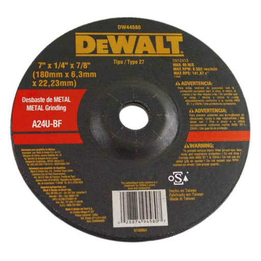 [HER.08.100] [DW44580-PH] DEWALT Disco de corte y desbaste para metal de 7"x¼"x7/8"