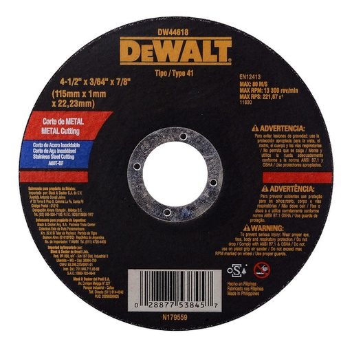 [HER.08.098] [DW44618] DEWALT Disco de corte para metal de 4½"x3/64"x 7/8"