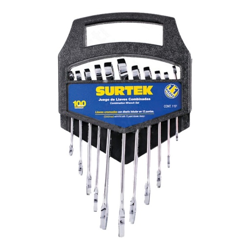 [HER.04.639] [100556] SURTEK Juego de 11 llaves combinadas pulido de espejo 12 puntas en pulgadas en rack