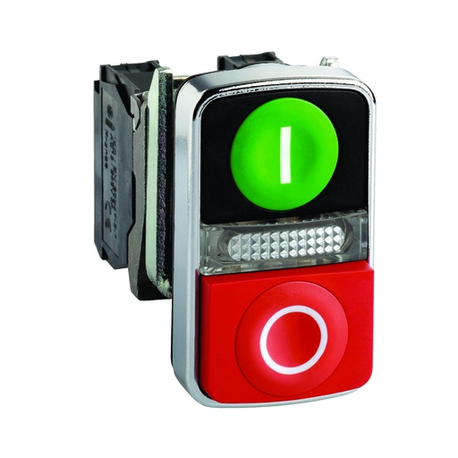 [AUT.04.123] [XB4-BW73731G5] Pulsador doble iluminado LED integrado, verde rasante/rojo saliente, luz blanca, 22mm, 1NA + 1NC, 120V, IP66, Harmony XB4