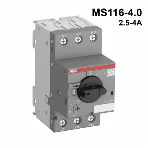 [AUT.01.030] [1SAM250000R1008] Guardamotor termomagnético MS116-4.0 con terminales de abrazadera de tornillo, 2.5→4A, 3P, 1.5kW, 208→690VCA, -25→+55°C, 60HZ