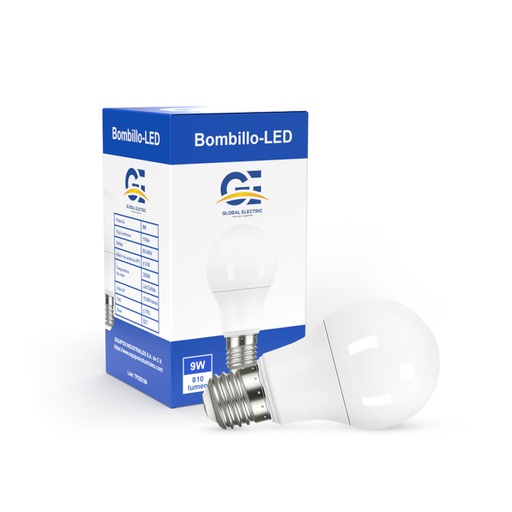 [ILU.06.911] [GET-LED-A60-9-5K] Bombillo LED A60, 9W, 810Lms, 90-240V, 5000K, 15,000hrs, E27, CE